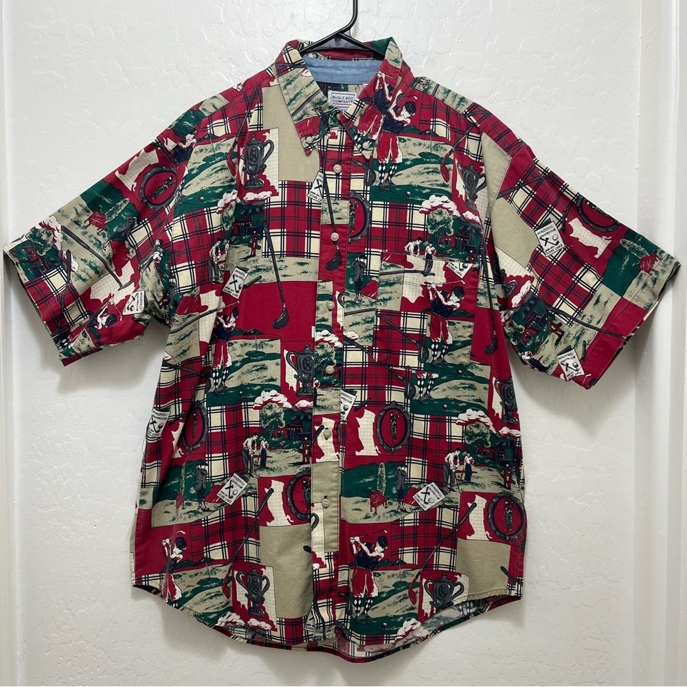 Vintage Bugle Boy Golf Themed Button Up Shirt Men's L Christmas Red Green